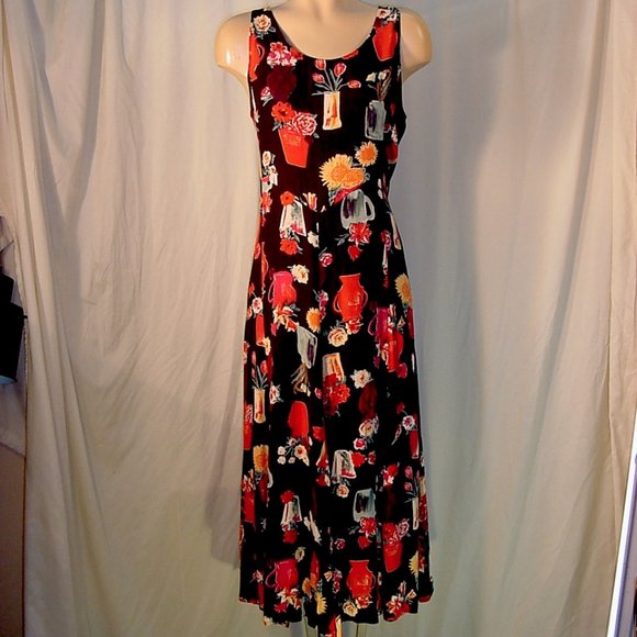 Salaam Vermont Dresses & Skirts - Rayon Crepe Flared Maxi Dress Flowerpots Print Sleeveless Ties in Back